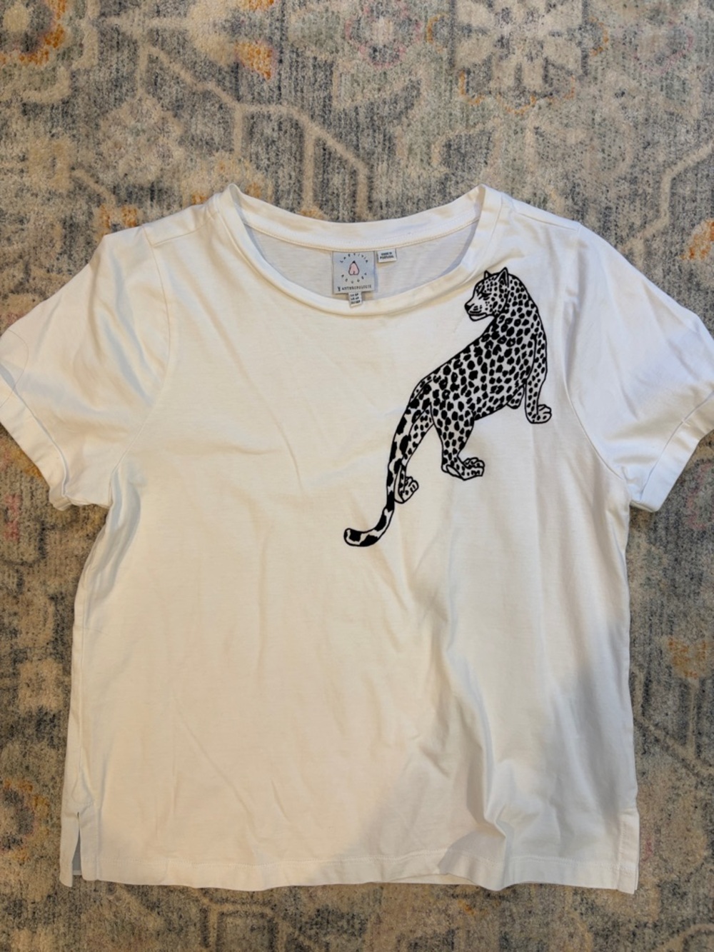Anthropologie White Tee with Black Leopard Graphic